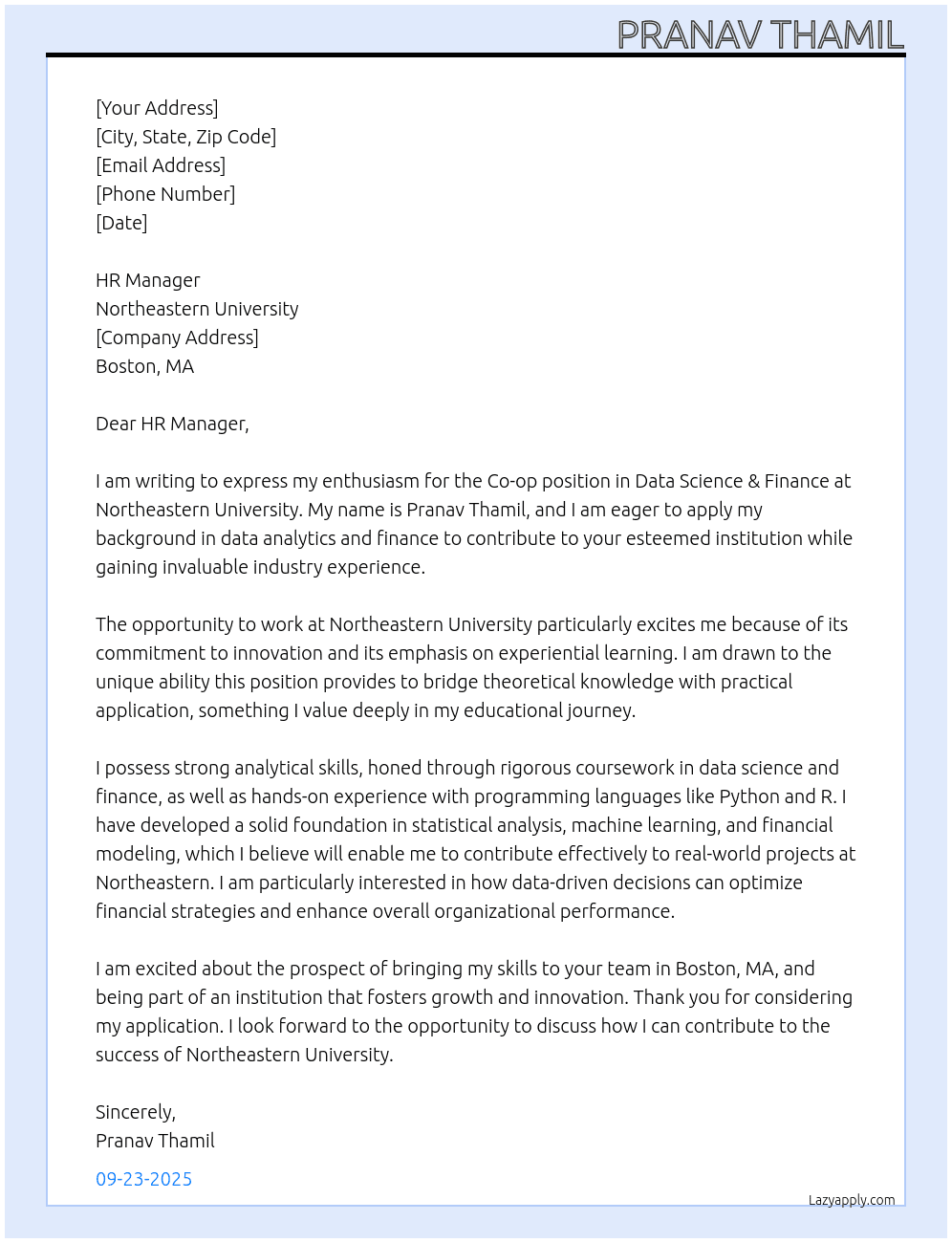 Data Science & Finance Student At Northeastern University Cover Letter