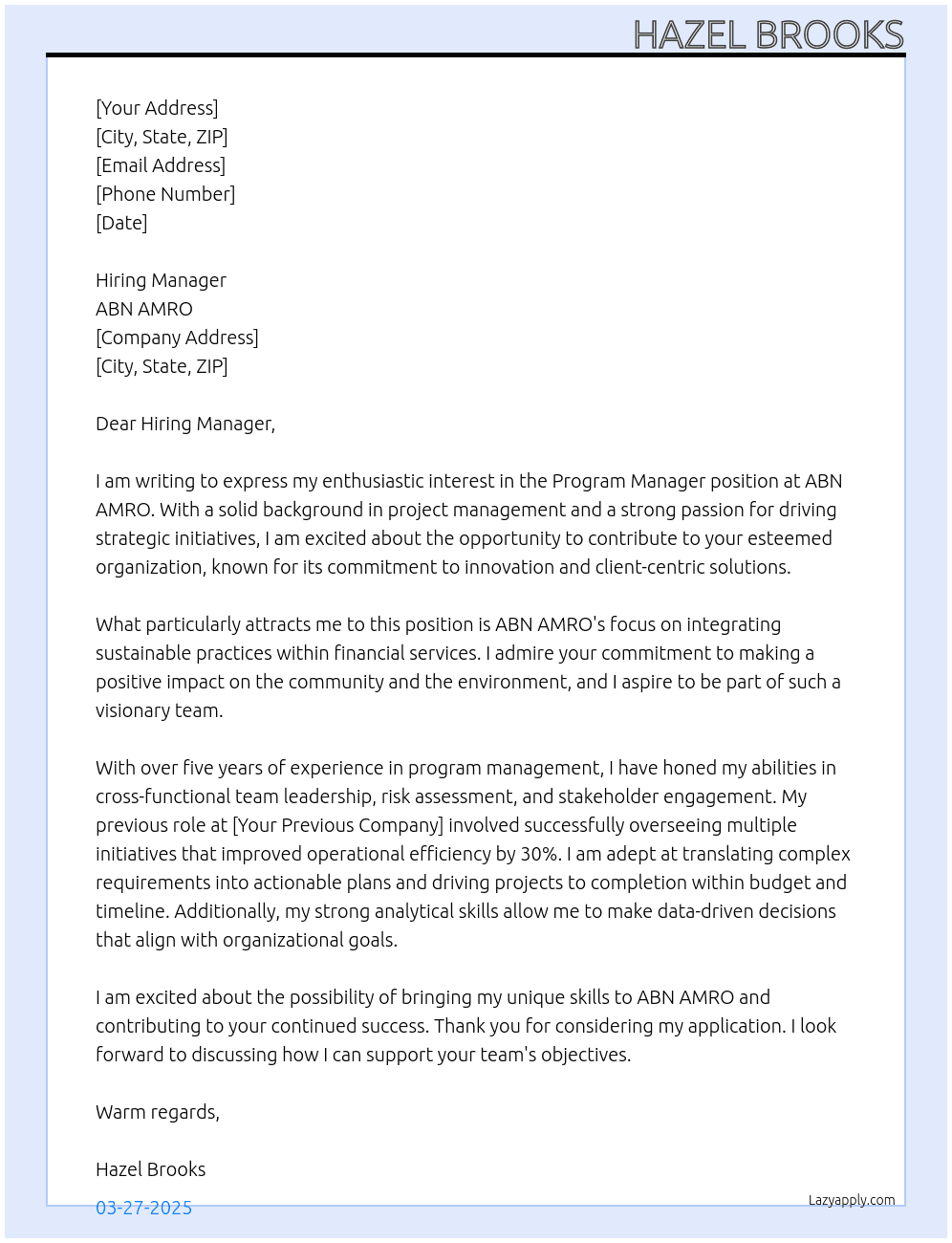 Program Manager At ABN AMRO Cover Letter