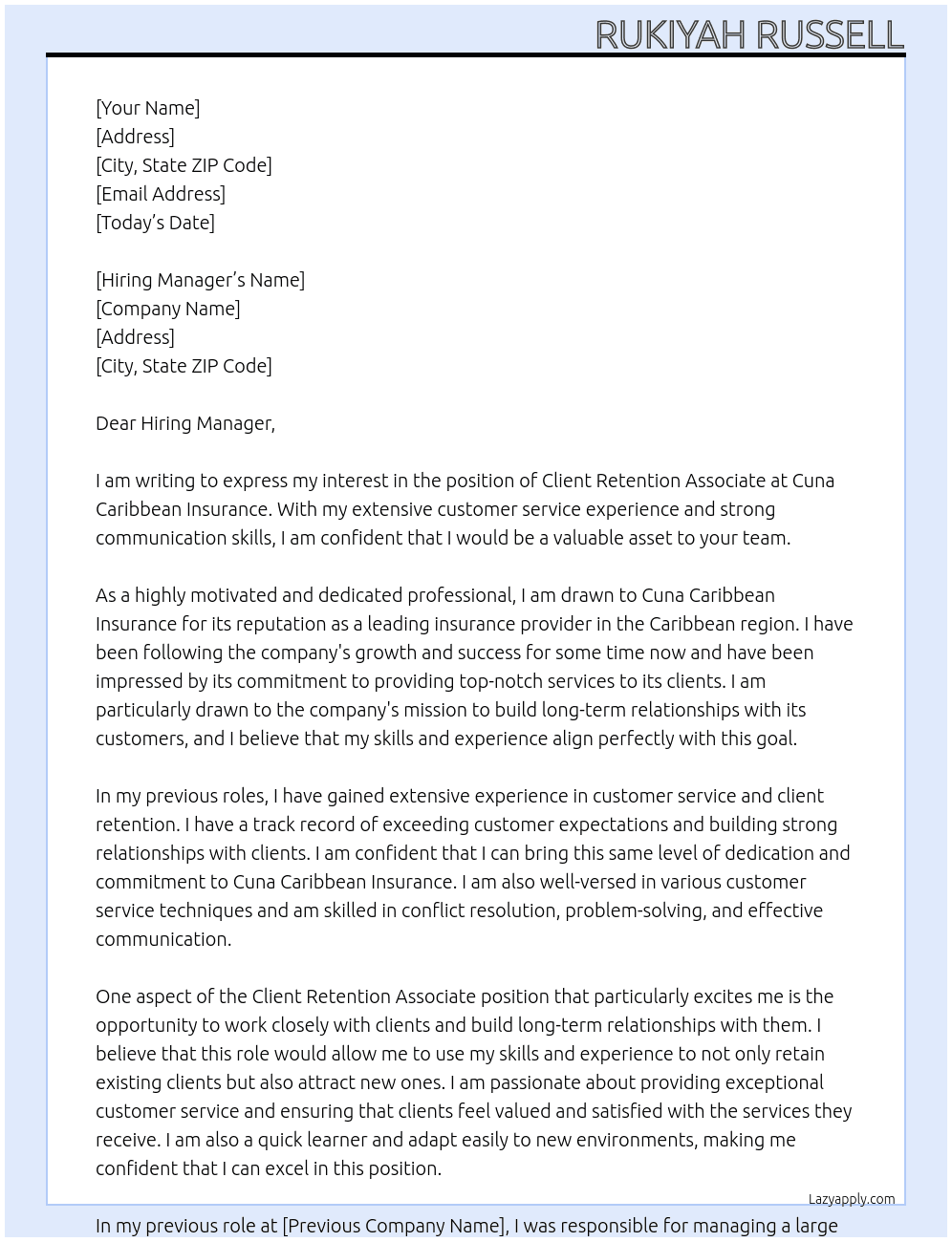 Client Retention Associate At Cuna Caribbean Insurance Cover Letter