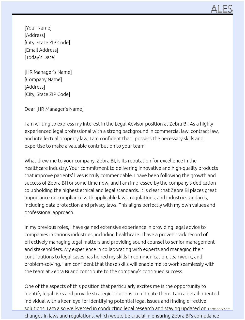 legal advisor At zebra bi Cover Letter