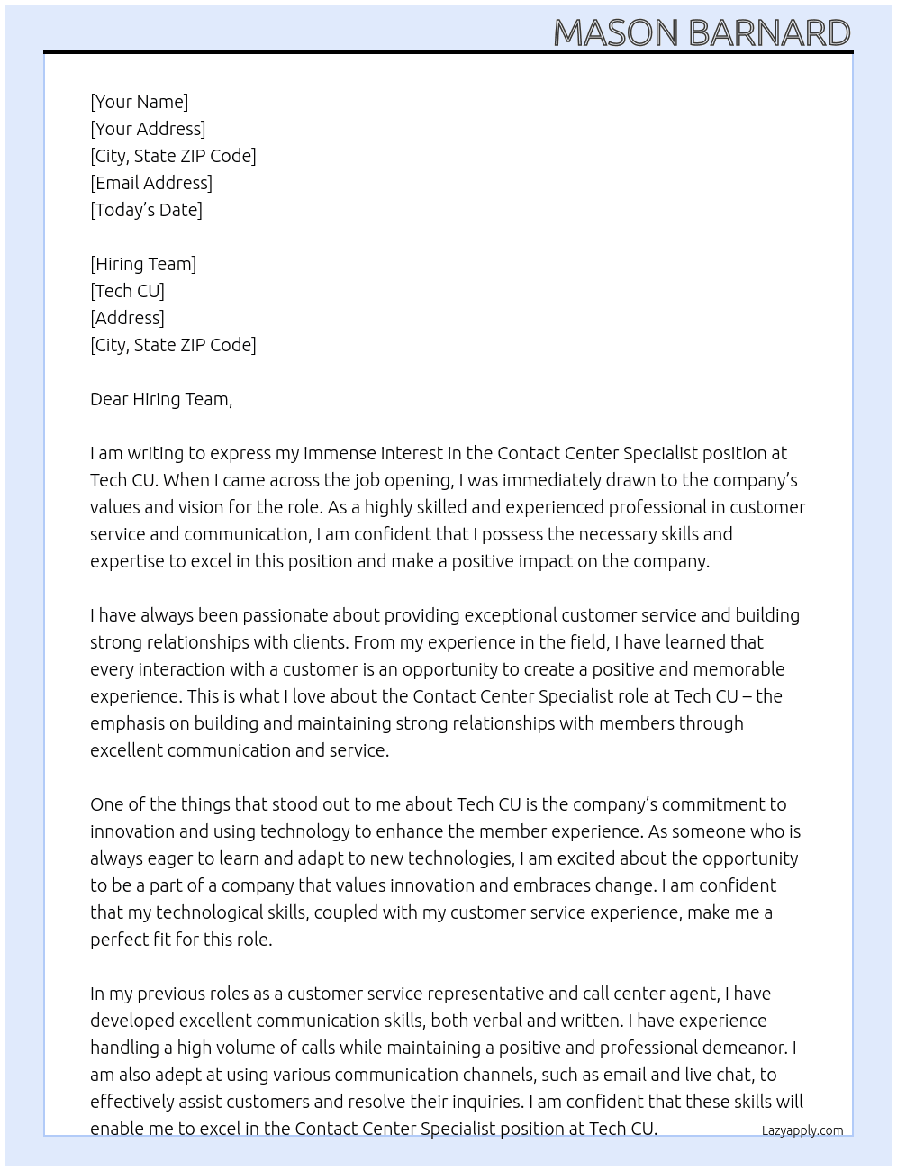 Contact Center Specialist At Tech CU Cover Letter