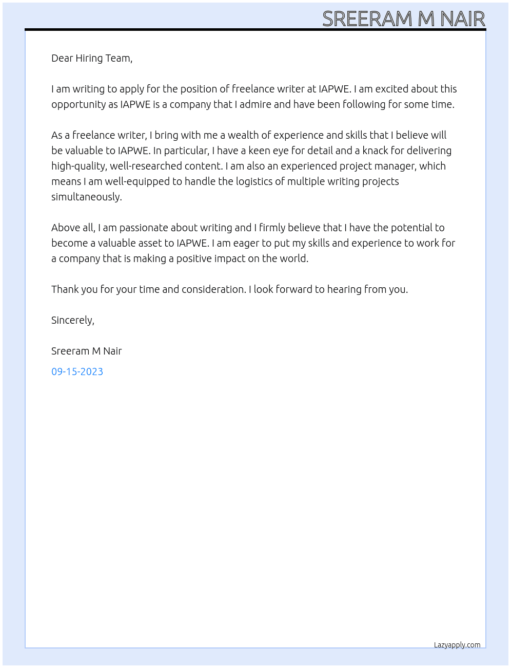 Freelance writer At IAPWE Cover Letter
