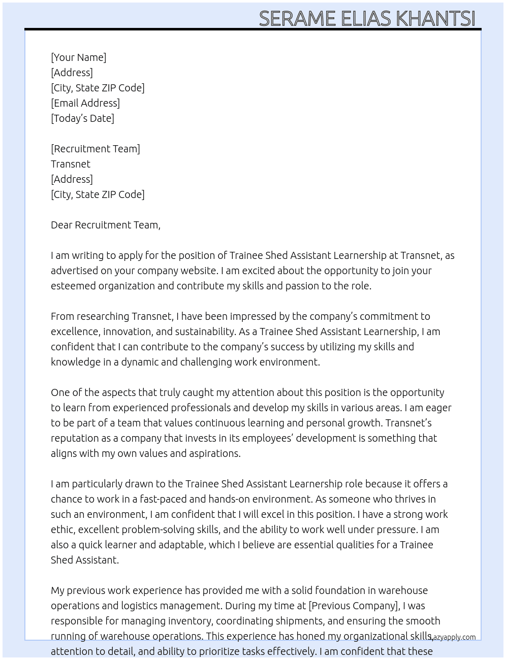 Cover letter for trainee shed assistant learnership - LazyApply