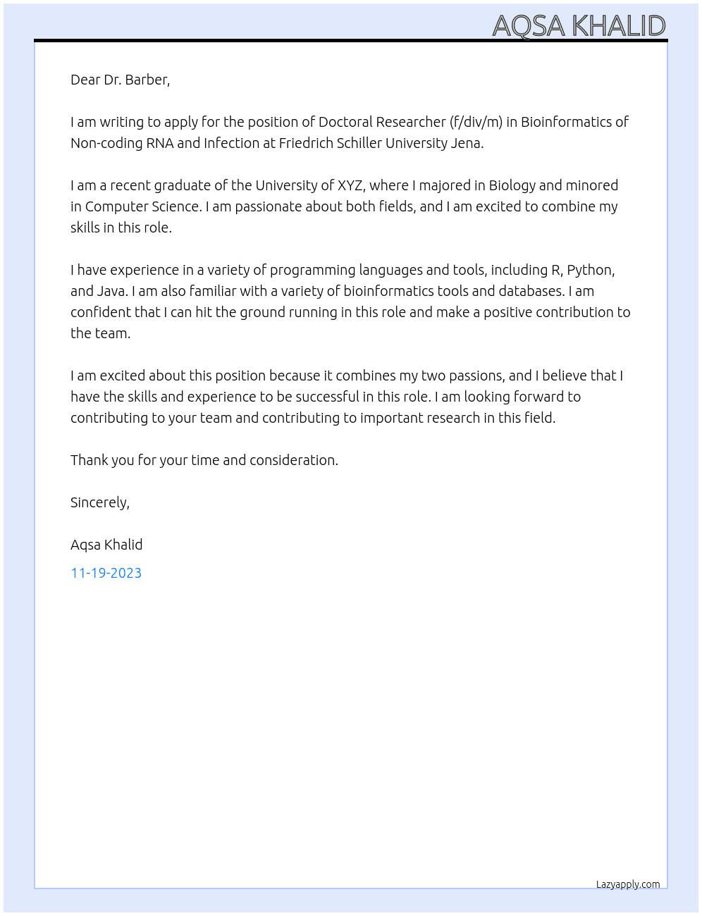 Doctoral Researcher (f/div/m) in Bioinformatics of Non-coding RNA and Infection At Friedrich Schiller University Jena Cover Letter