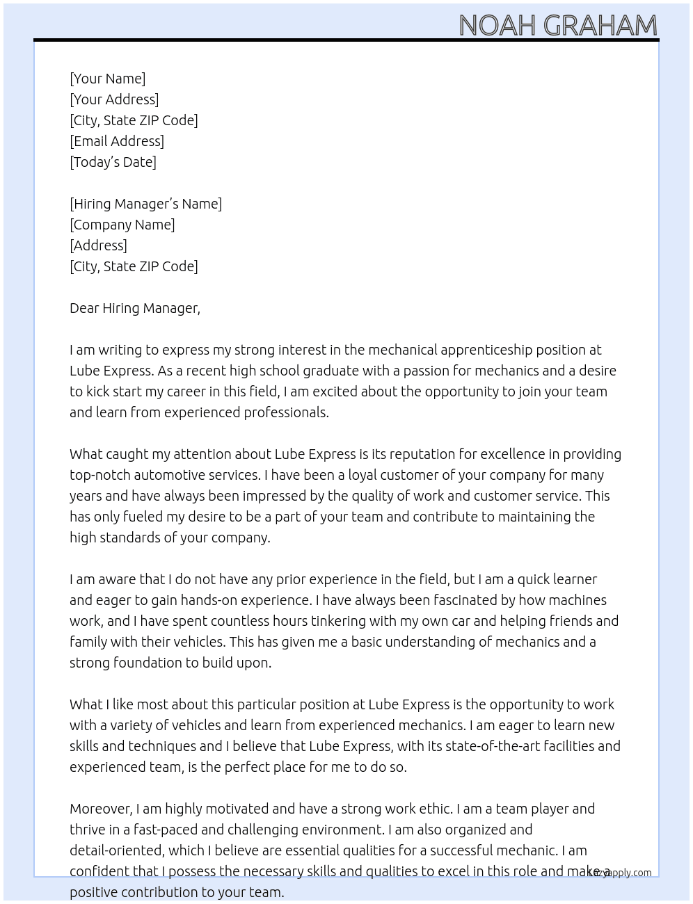 mechanical apprenticeship  At Lube Express  Cover Letter