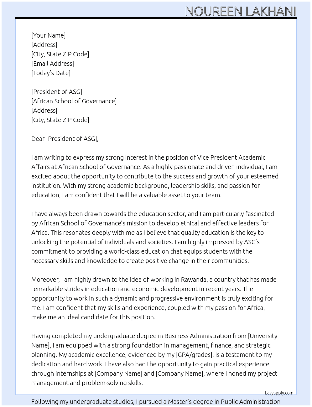 Vice President Academic Affair At African School of Governance Cover Letter
