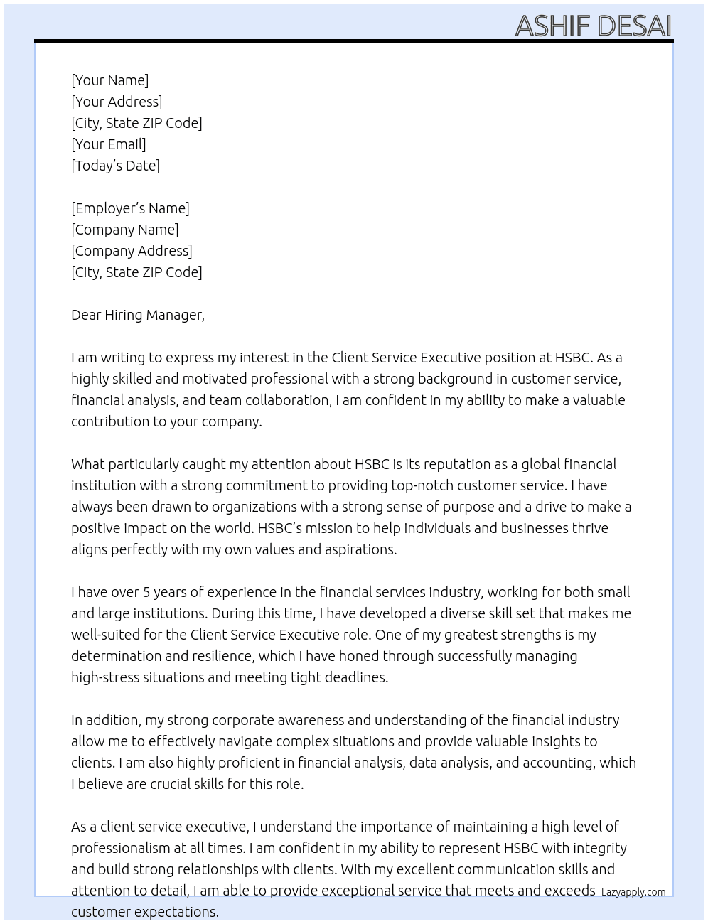 Cover letter for client service executive - LazyApply