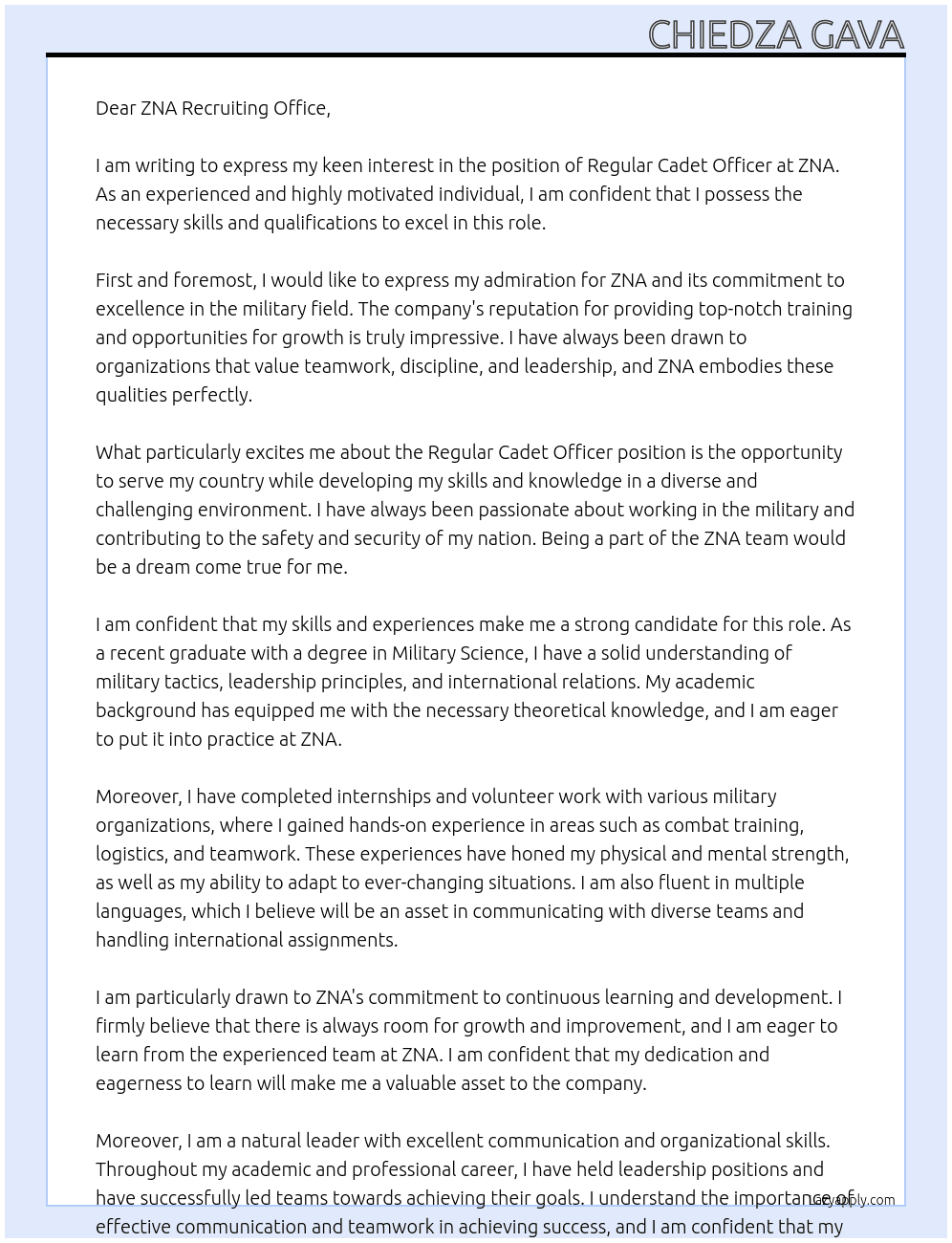 REGULAR CADET OFFICER At ZNA Cover Letter