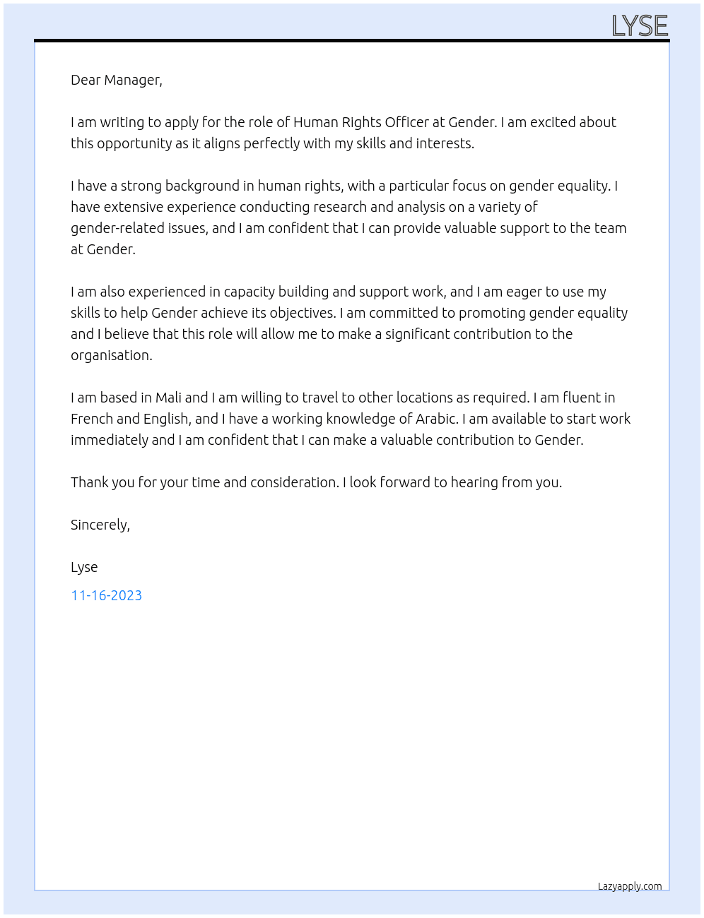 huam rights officer At gender Cover Letter