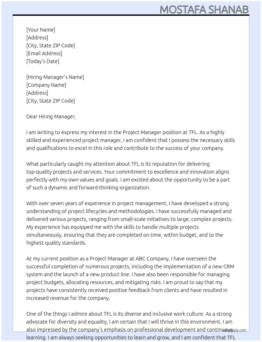 Project Manager At TFL Cover Letter