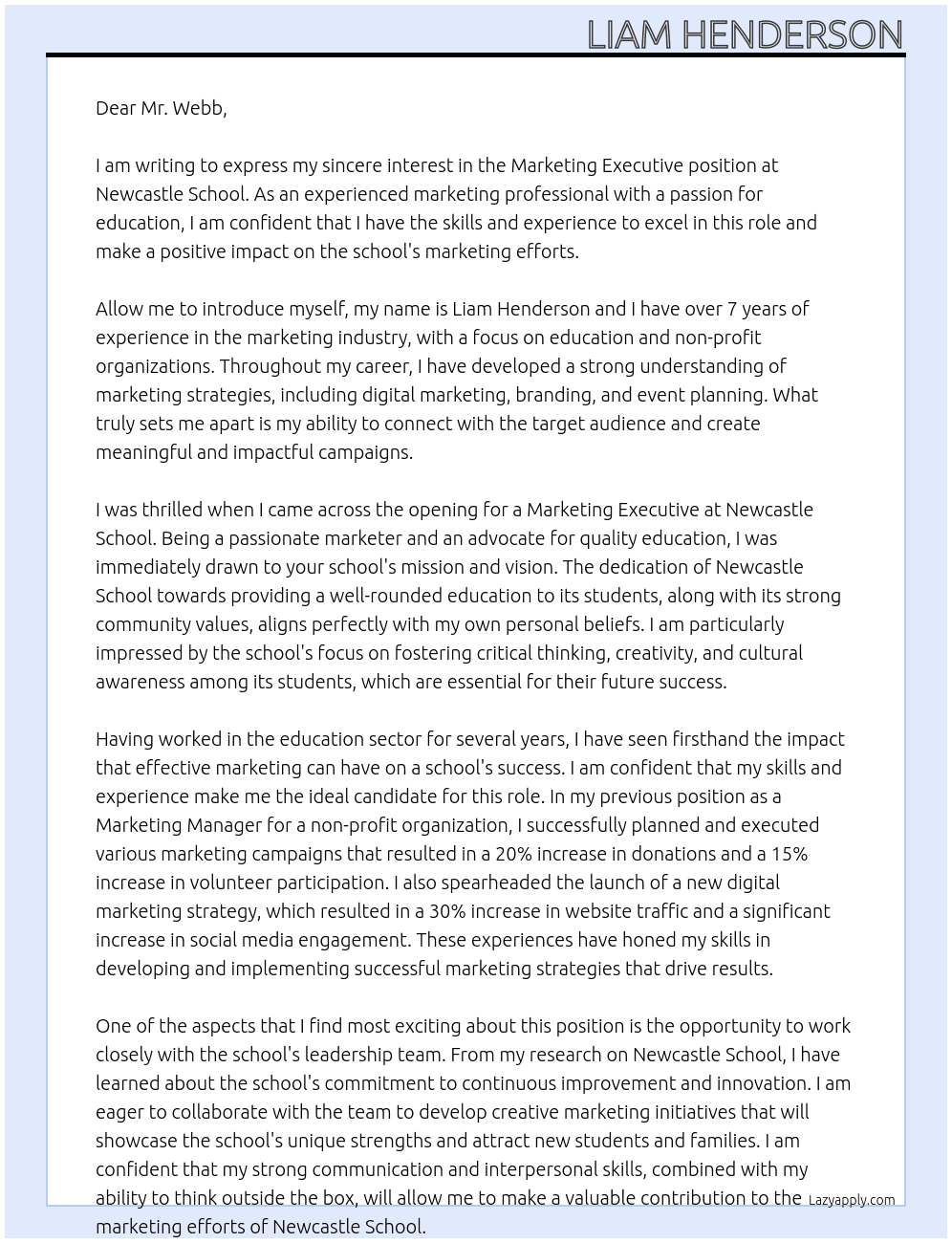 Marketing Executive At Newcastle School Cover Letter