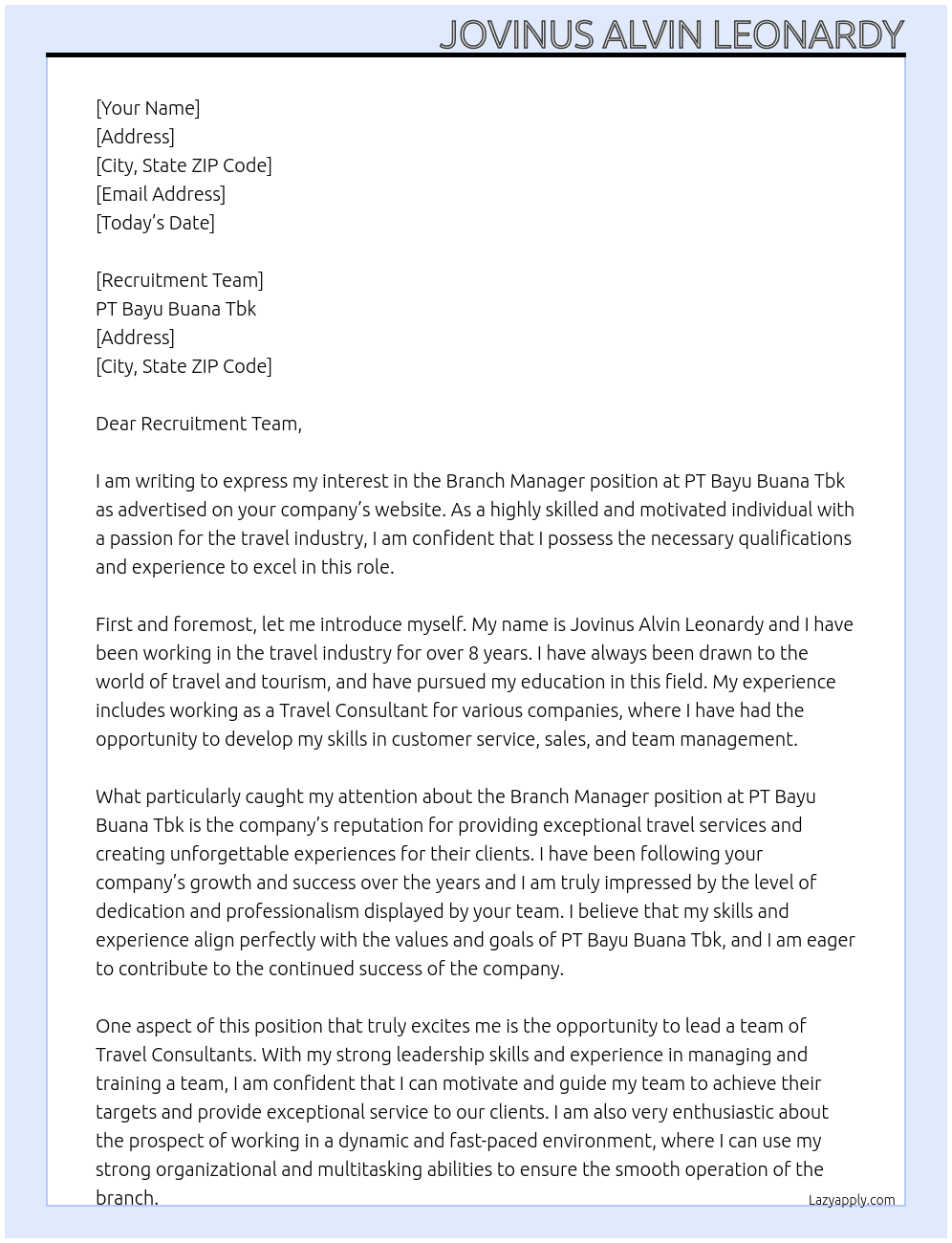 Branch Manager At PT Bayu Buana Tbk Cover Letter