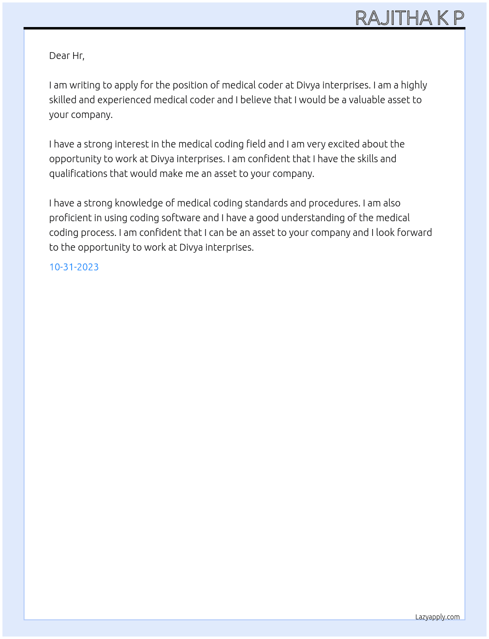 Medical coder At Divya interprises Cover Letter