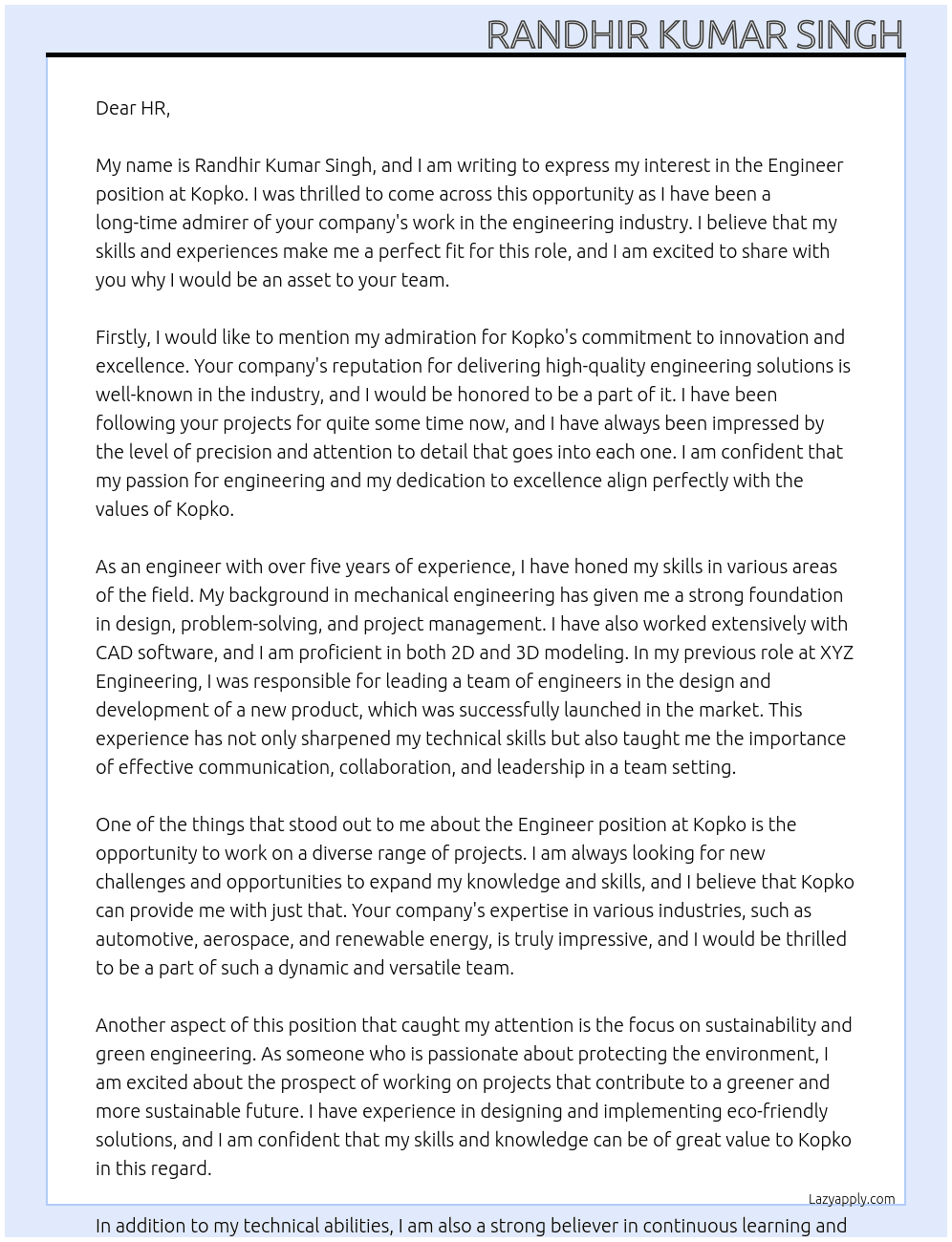 Engeer At Kopko Cover Letter