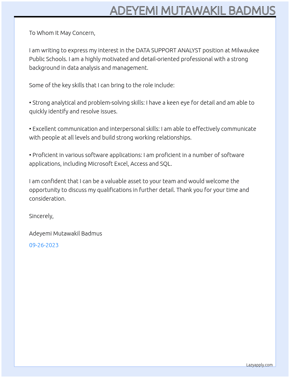 DATA SUPPORT ANALYST  At Milwaukee Public Schools Cover Letter