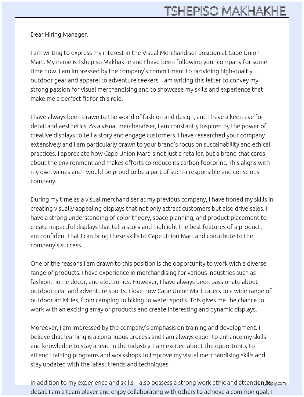 Visual merchandiser At Cape Union Mart Cover Letter