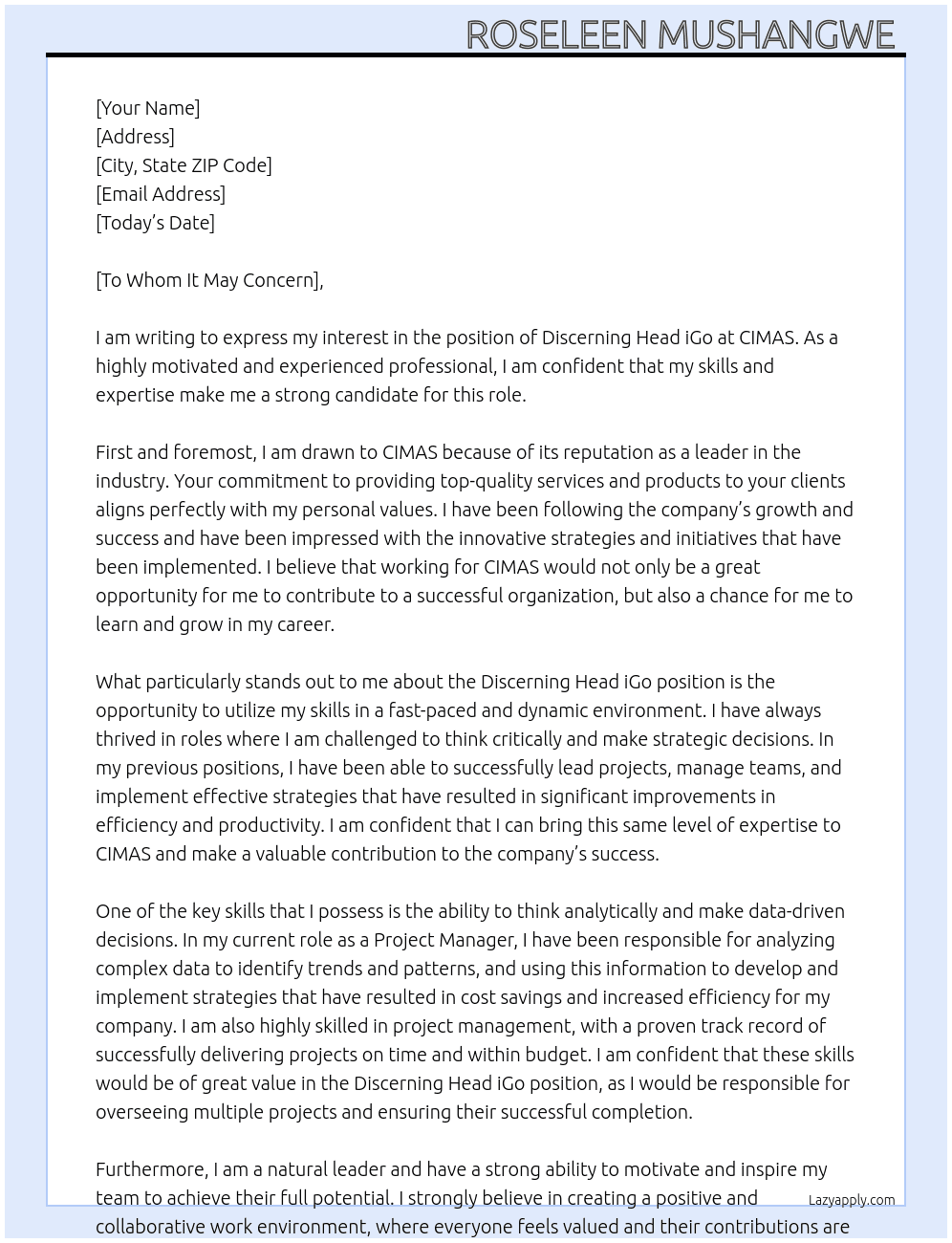Discerning Head iGo At CIMAS Cover Letter
