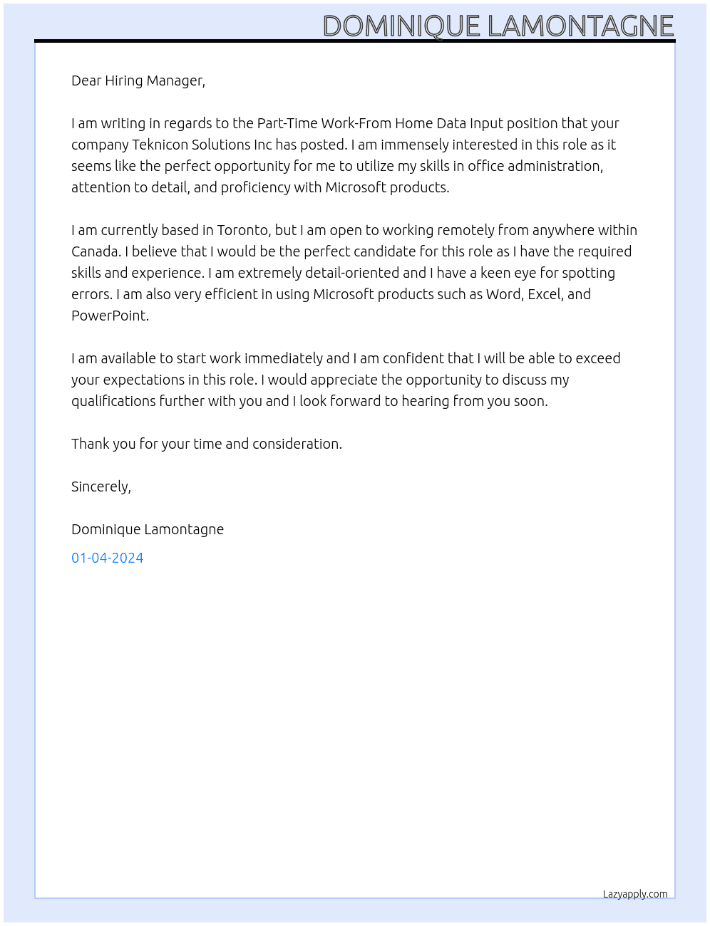 Part-Time Work-From Home Data Input At Teknicon Solutions Inc Cover Letter