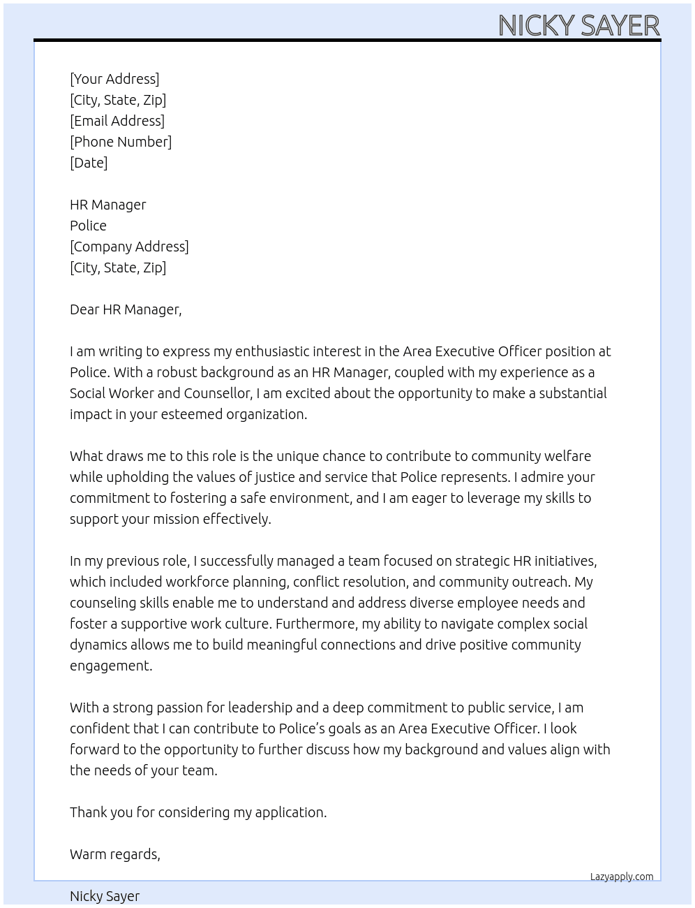 Area Executive Officer At Police Cover Letter
