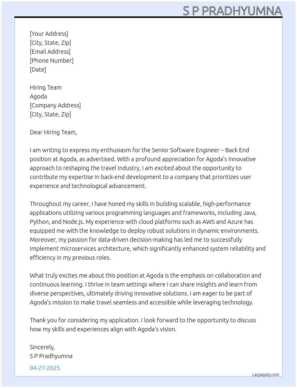 Senior Software Engineer – Back End At Agoda Cover Letter