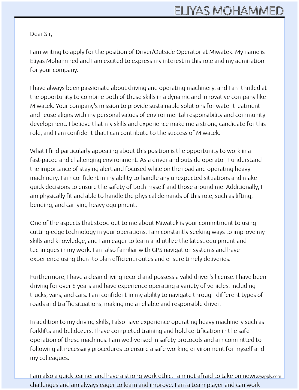 Driver/outside operator At Miwatek Cover Letter