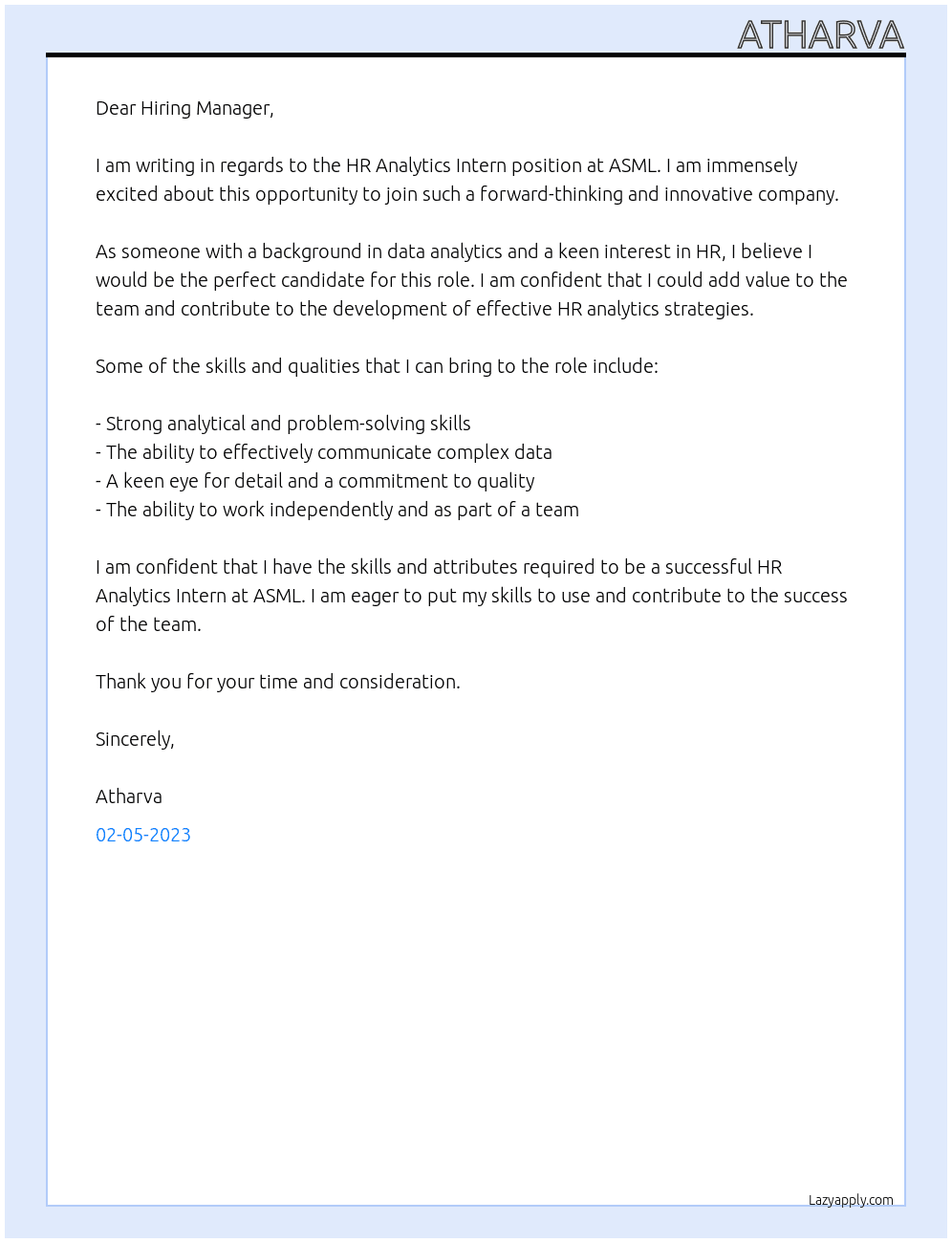 Cover letter for hr analytics intern - LazyApply