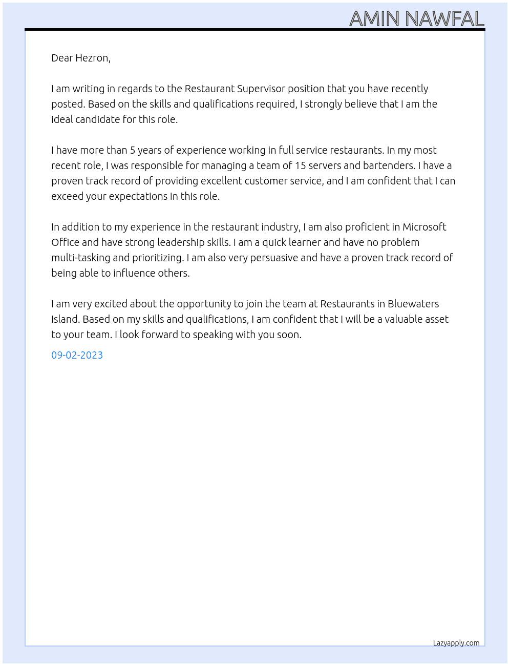 Restaurant Supervisor At Restaurants in Bluewaters Island Cover Letter