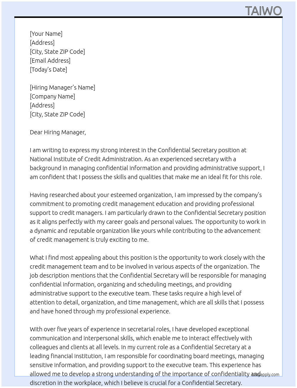 Confidential secretary  At National institute of credit administration  Cover Letter