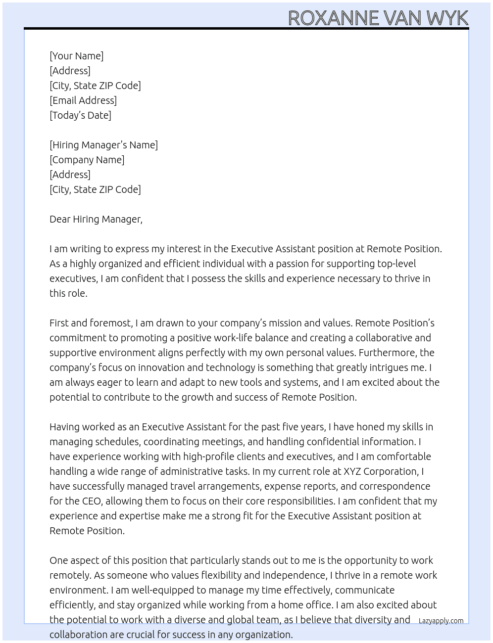 Executive assistant  At Remote Position Cover Letter
