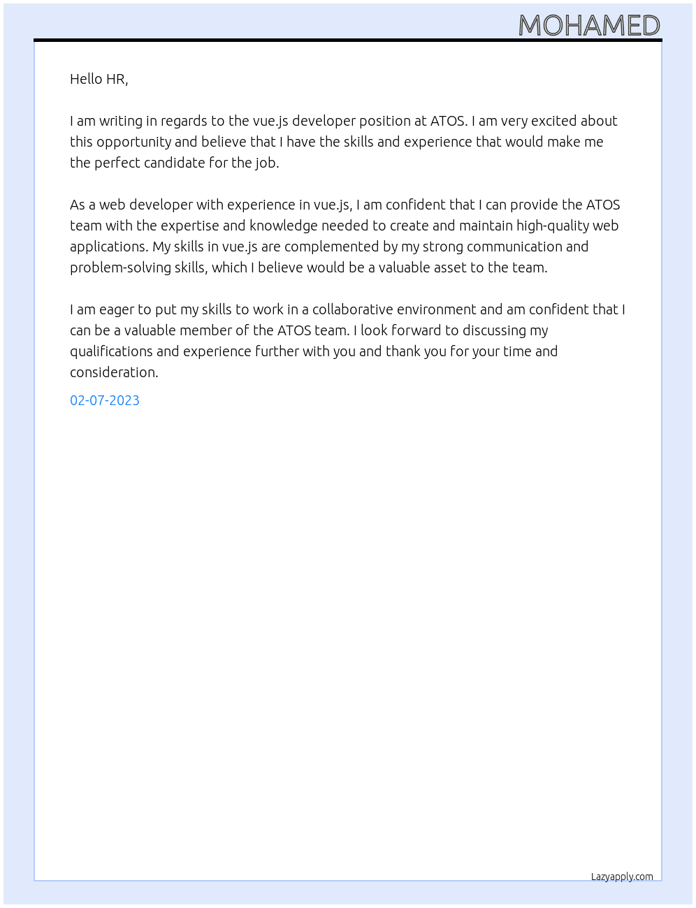 vue.js developer At ATOS Cover Letter