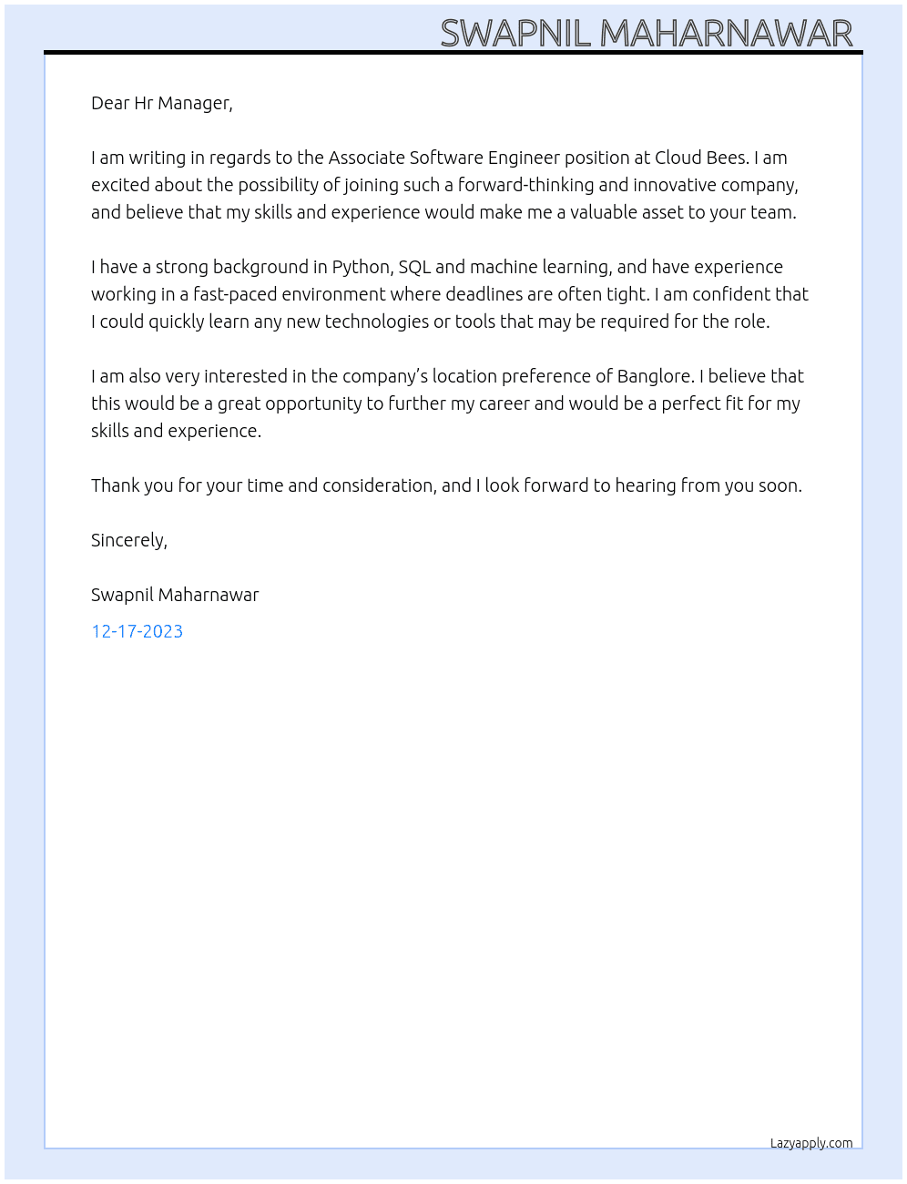 Associate software engineer At Cloud Bees Cover Letter