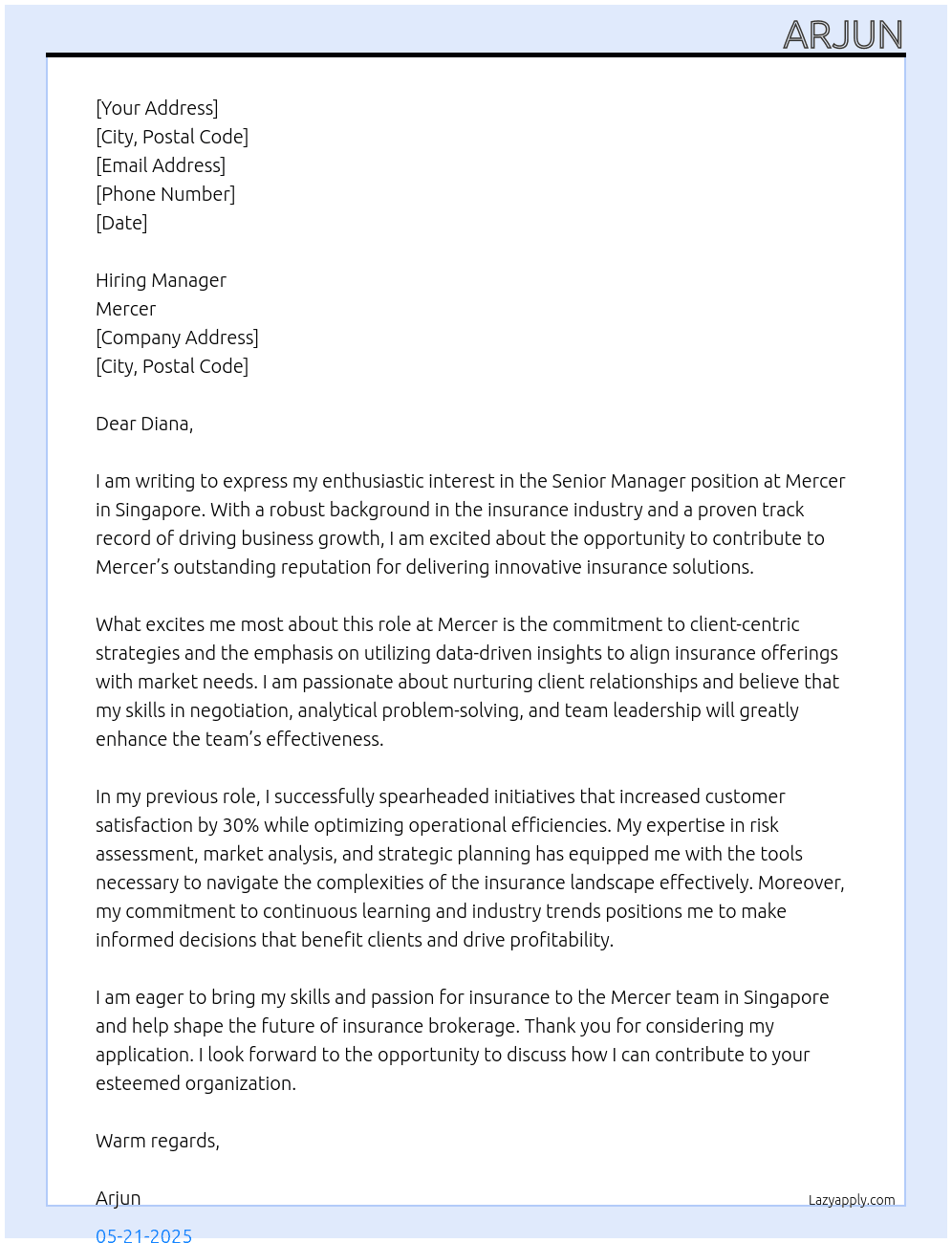 Insurance broker At Mercer Cover Letter