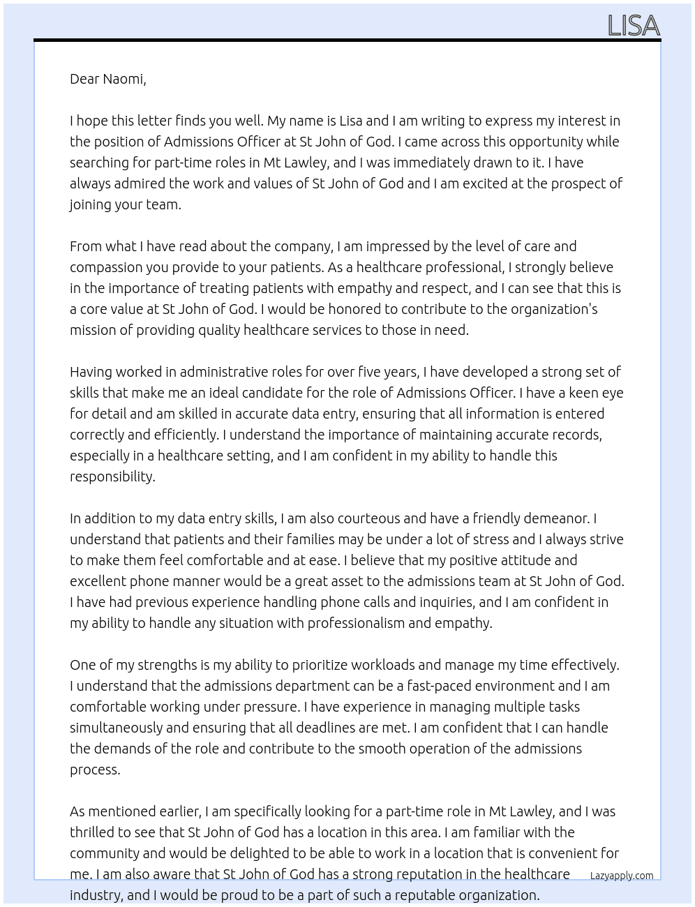 Admissions Officer At St John of God Cover Letter