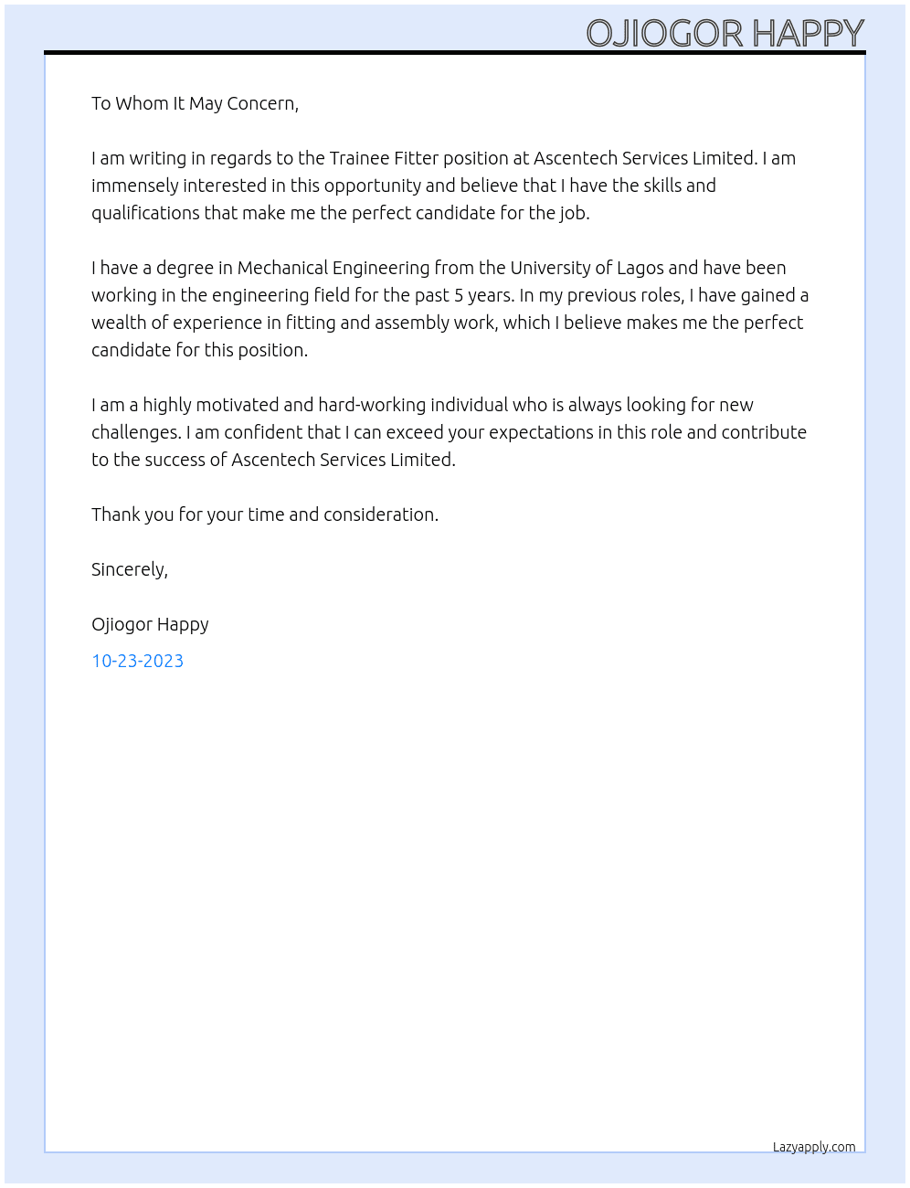 Trainee fitter  At Ascentech Services Limited Cover Letter