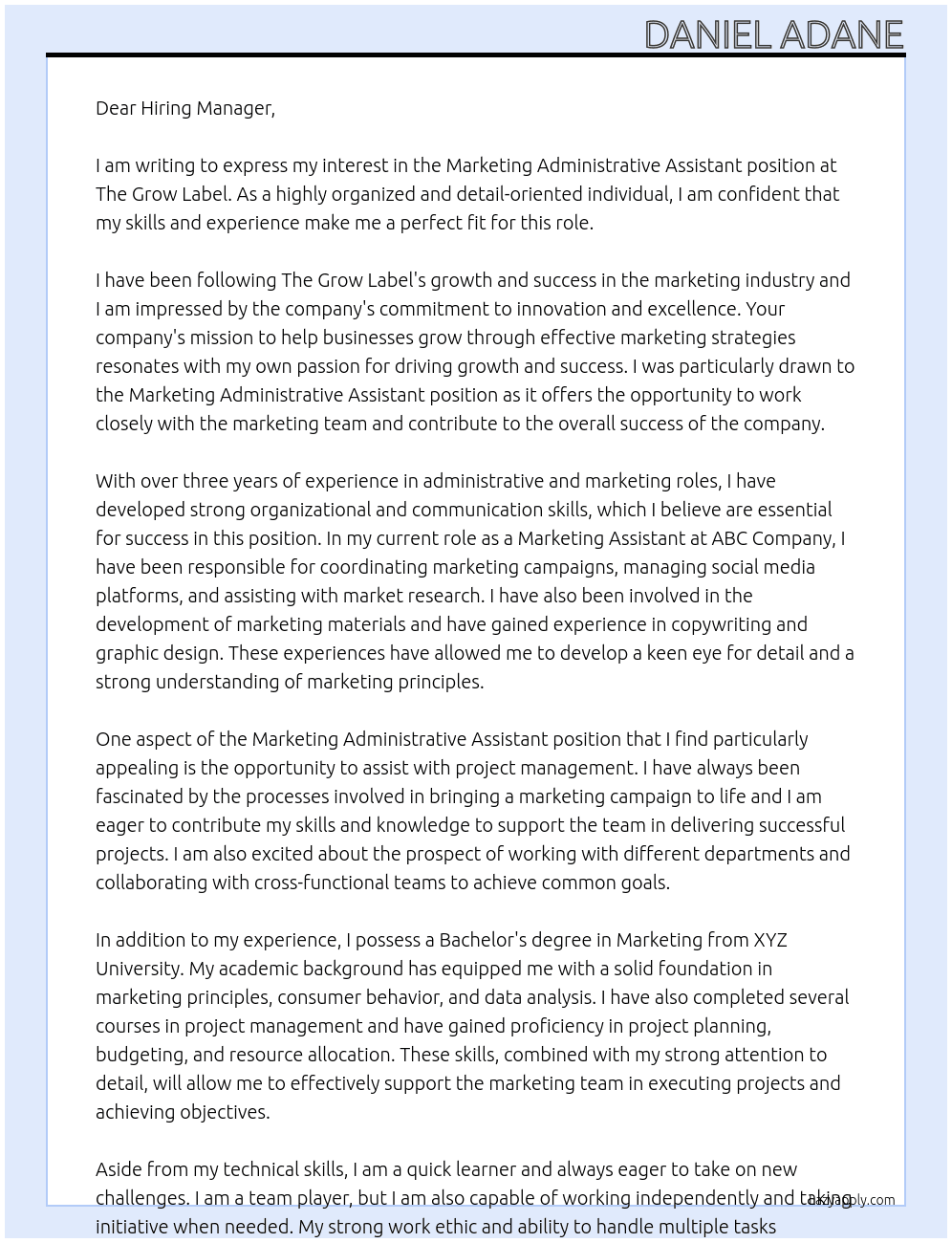 Marketing Administrative Assistant At The Grow Label Cover Letter