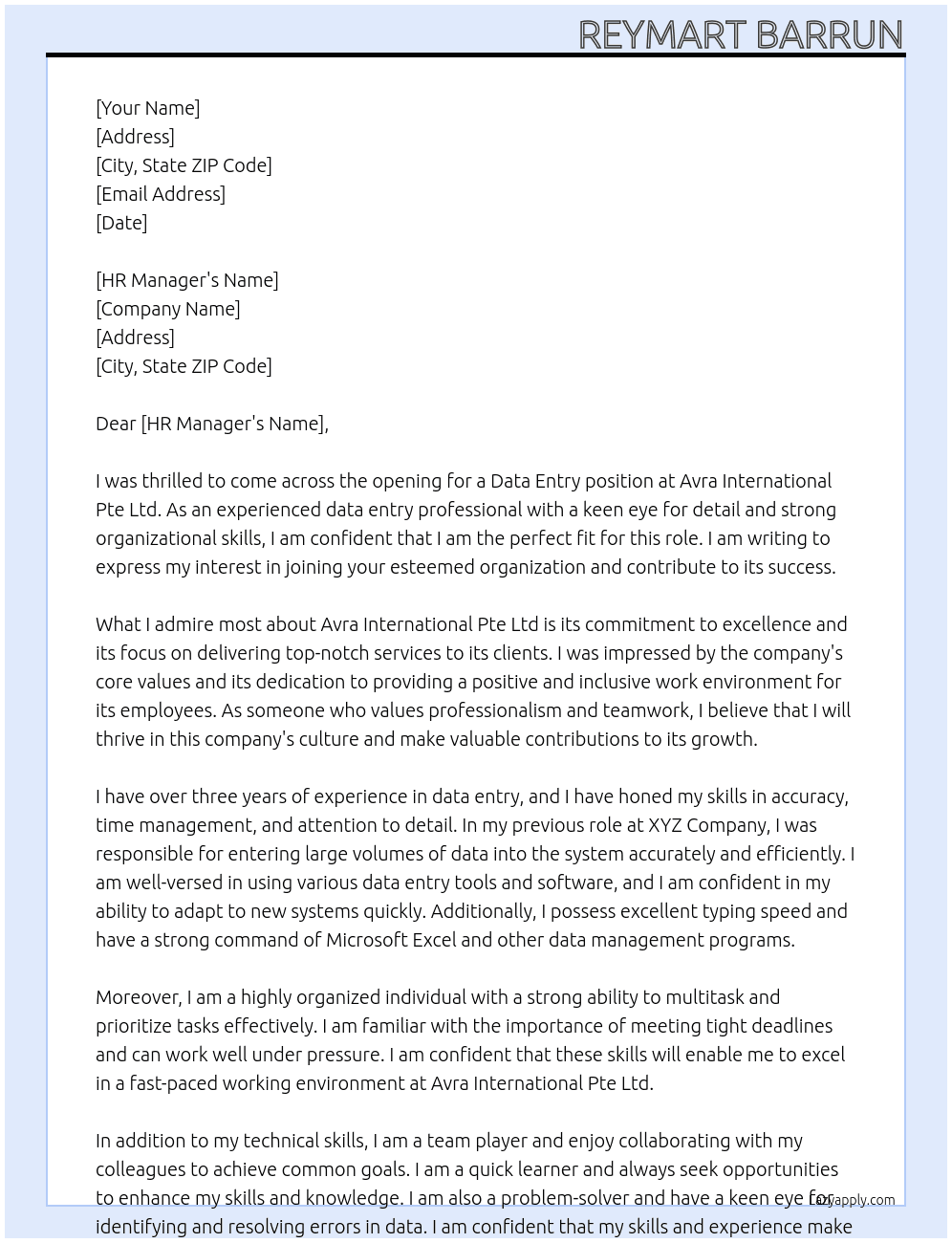 Data Entry At Avra International Pte Ltd Cover Letter