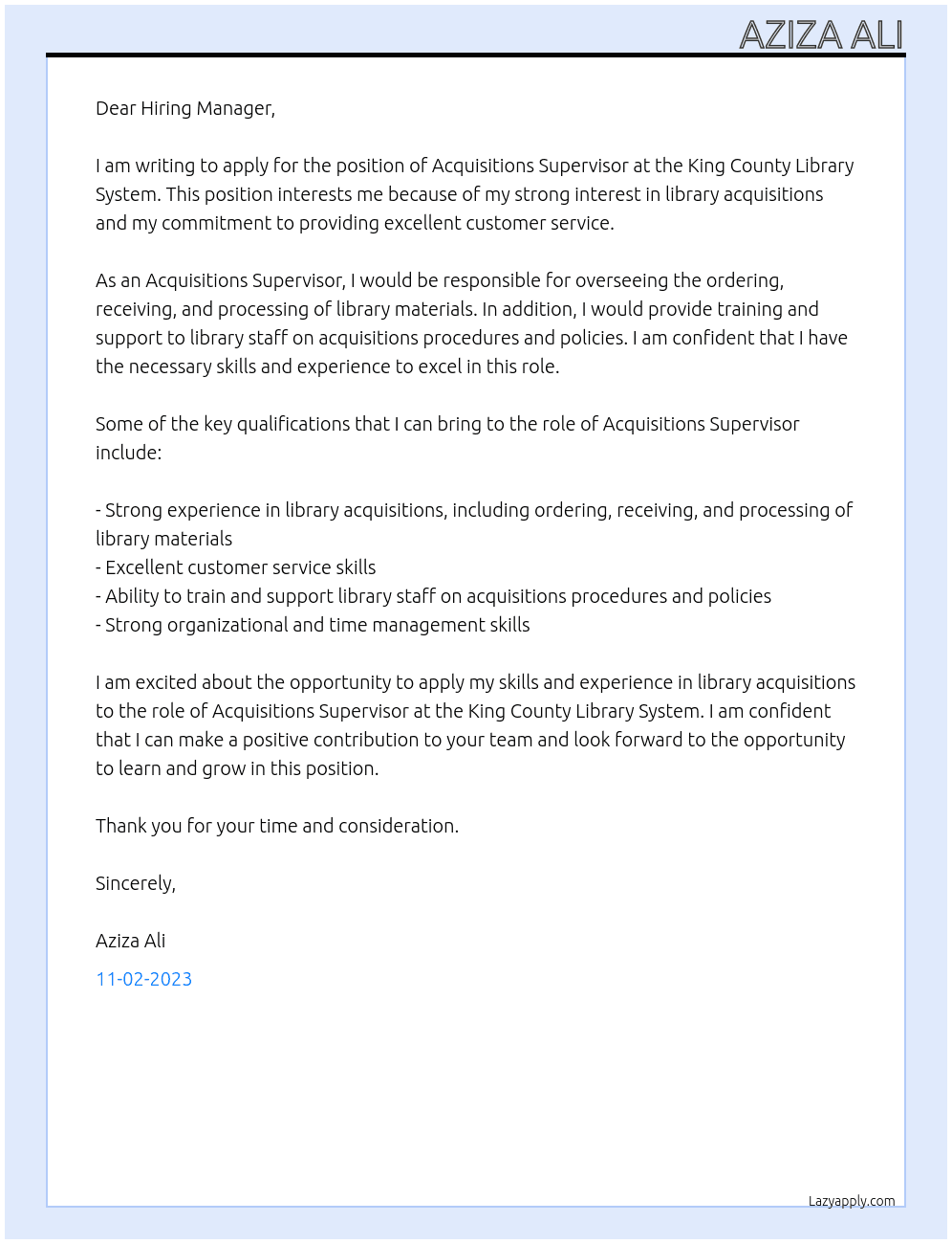 Acquisitions Supervisor At King County Library System  Cover Letter