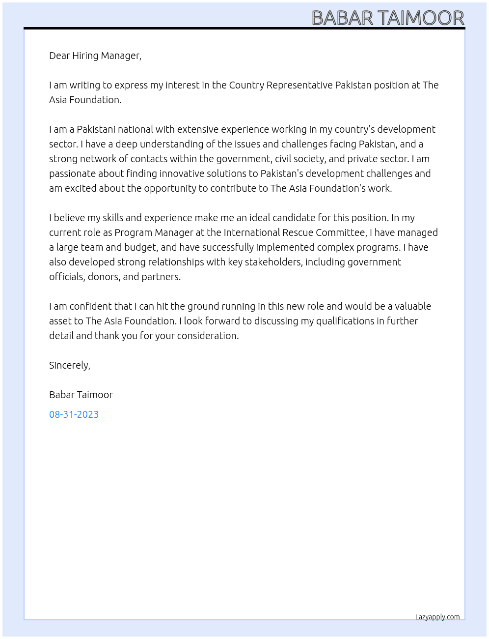 Country representative Pakistan  At The Asia Foundation Cover Letter