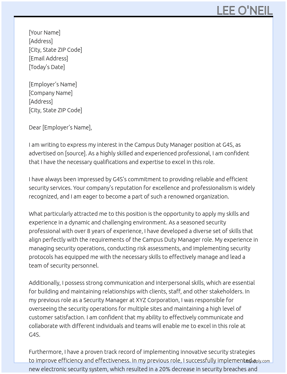Campus Duty Manager At G4S Cover Letter
