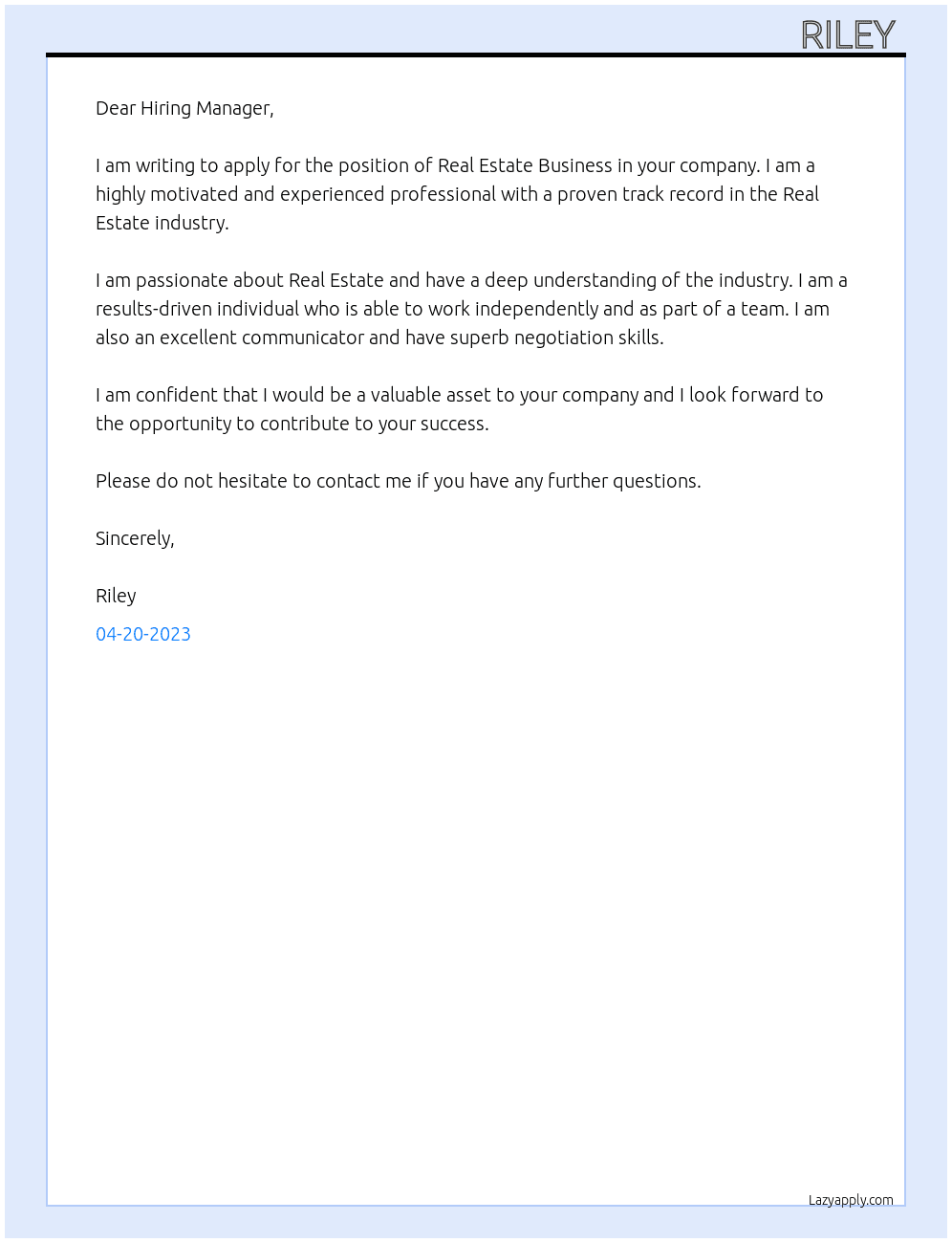Real estate business  At Personal buisness  Cover Letter