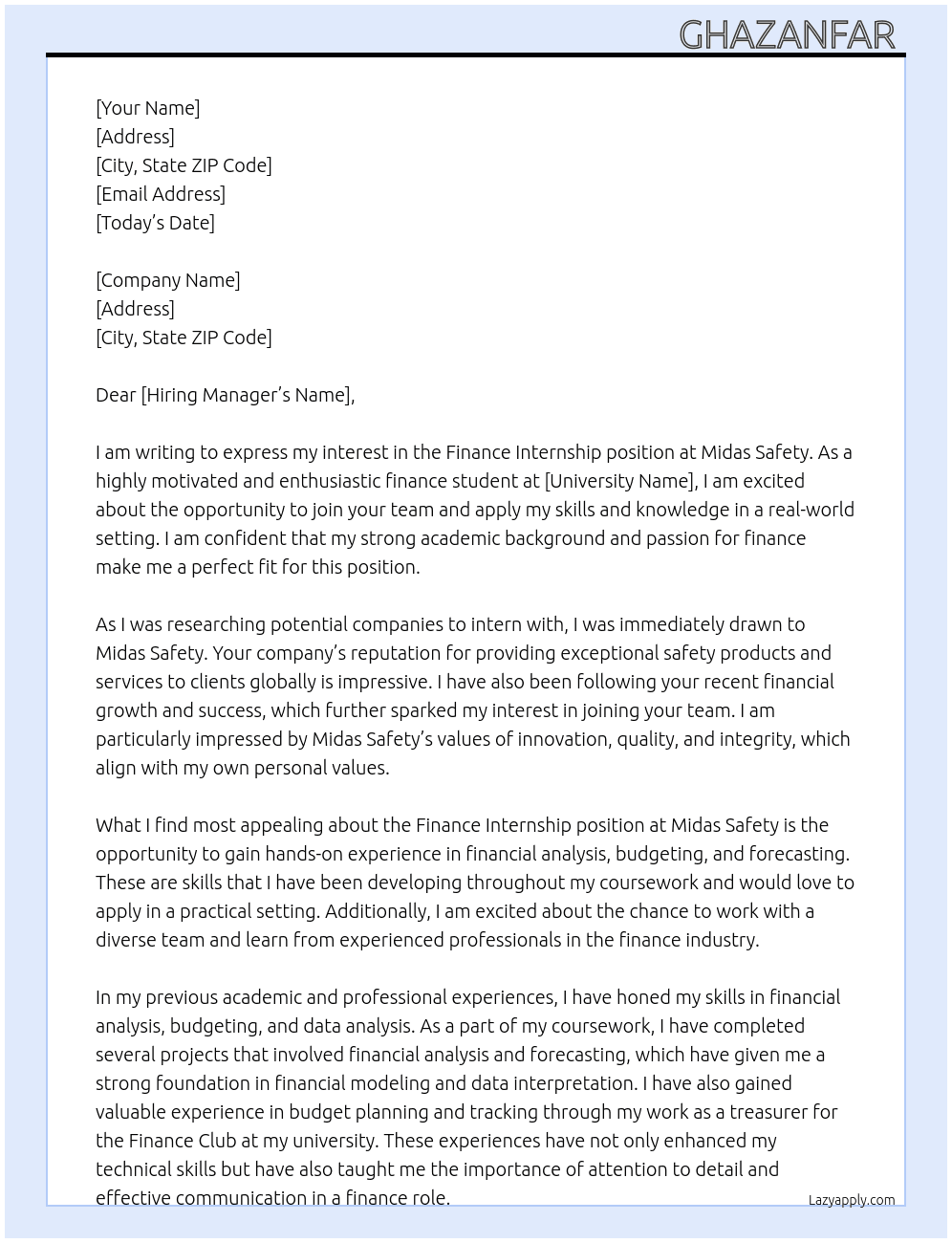 Finance internee At Midas safety Cover Letter
