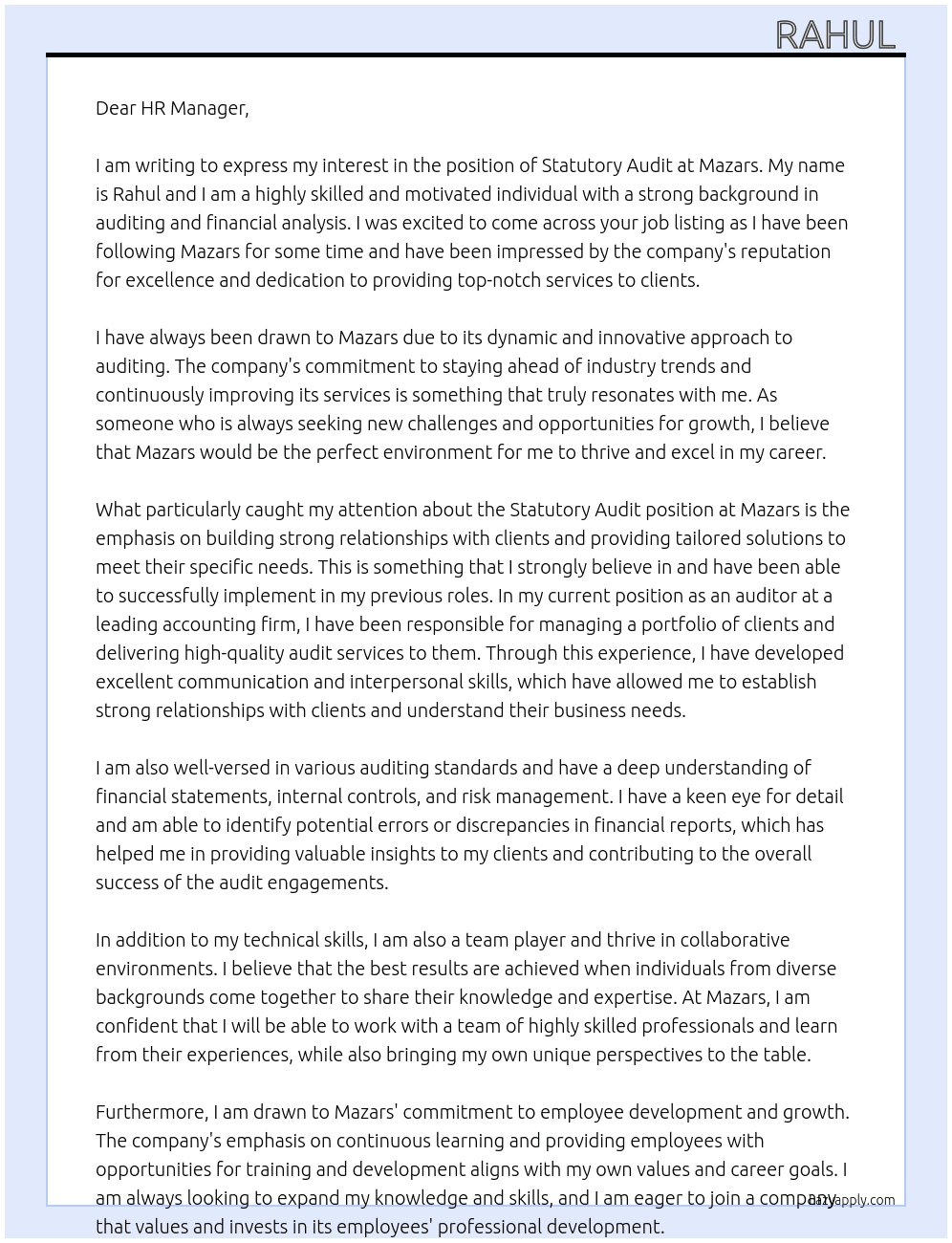Statutory audit At Mazars Cover Letter