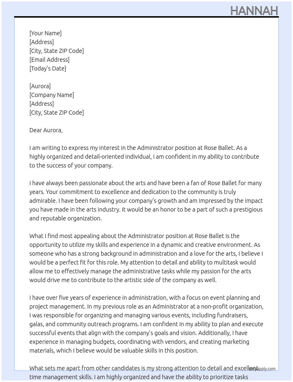 Administrator At Rose Ballet Cover Letter