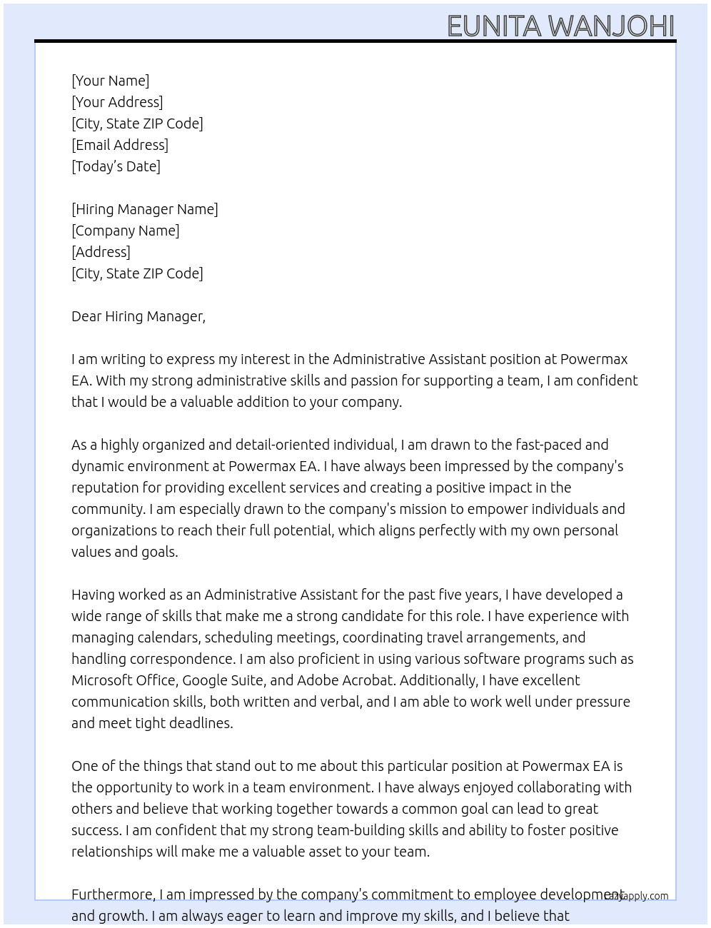 Adminstrative assistant  At Powermax EA Cover Letter