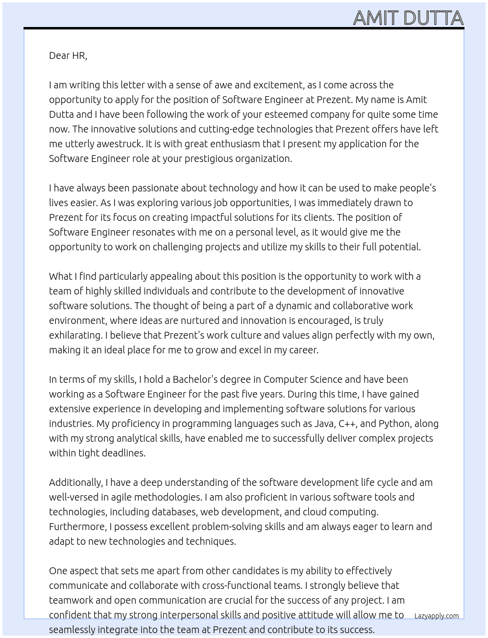 Software Engineer At Prezent Cover Letter