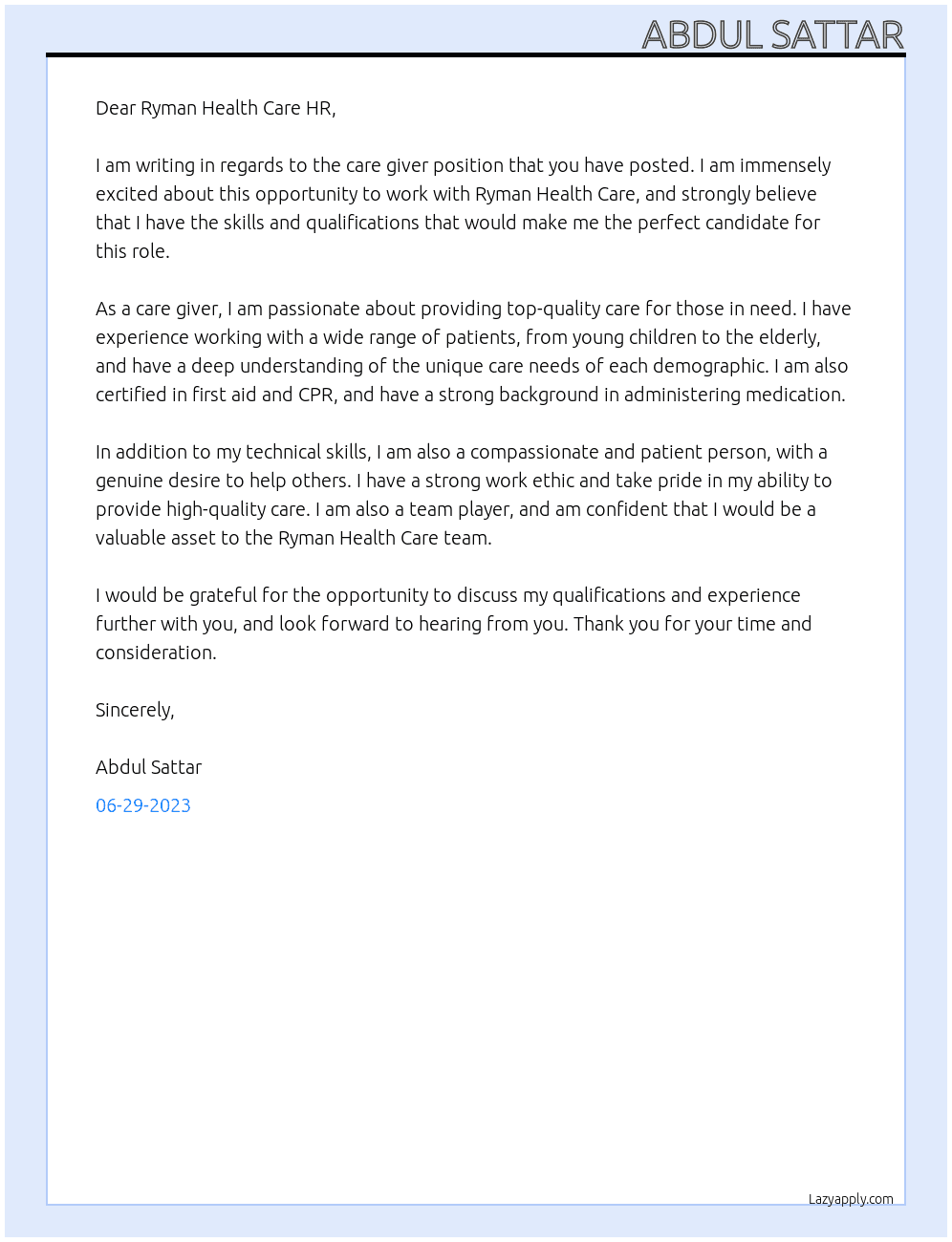 Care giver At Ryaman health care Cover Letter