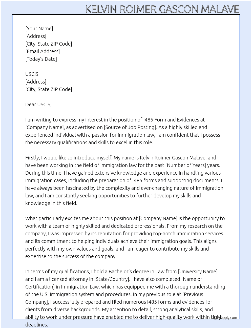 I485 FORM AND EVIDENCES At KELVIN ROIMER GASCON MALAVE Cover Letter