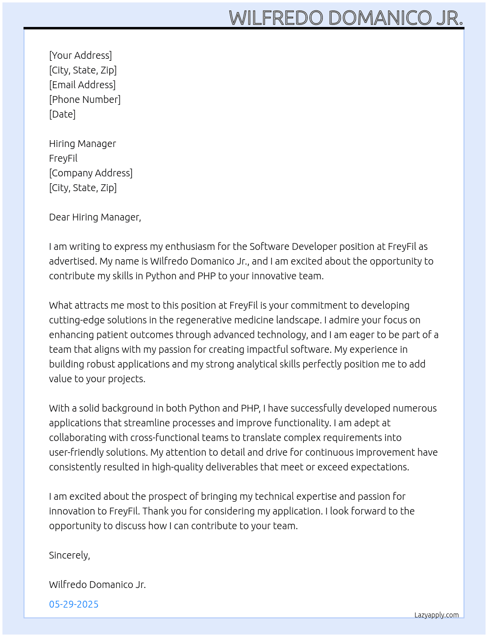 Software Developer  At FreyFil  Cover Letter