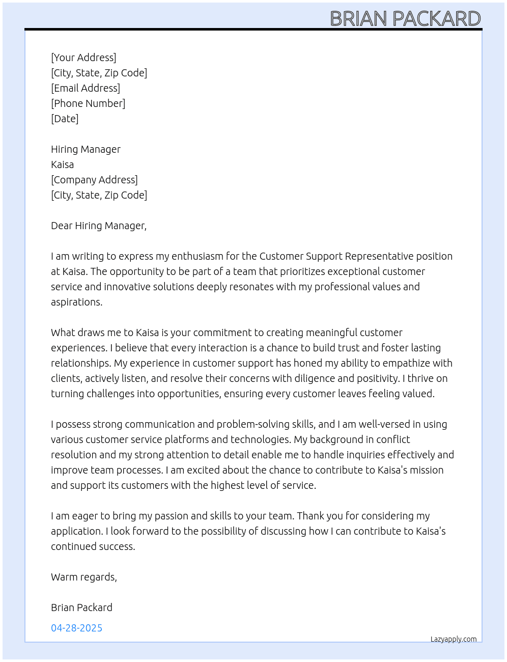 Customer Support Representative At Kaisa Cover Letter