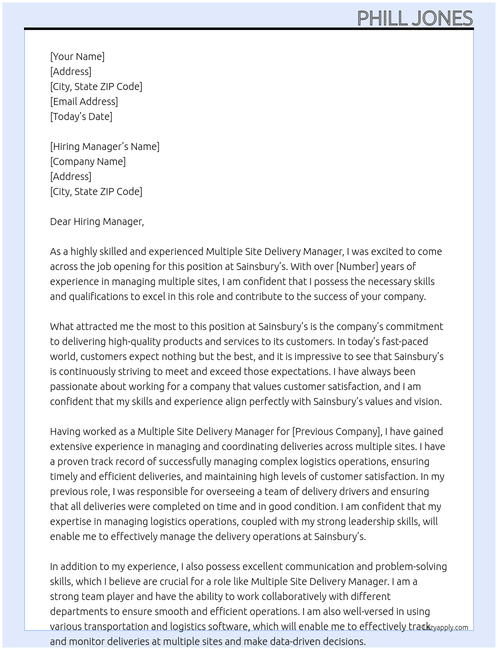 Multiple Site Delivery Manager At Sainsburys  Cover Letter